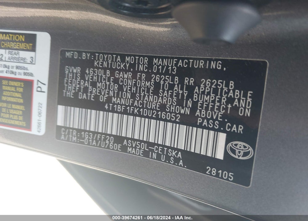 2013 TOYOTA CAMRY SE VIN: 4T1BF1FK1DU216052