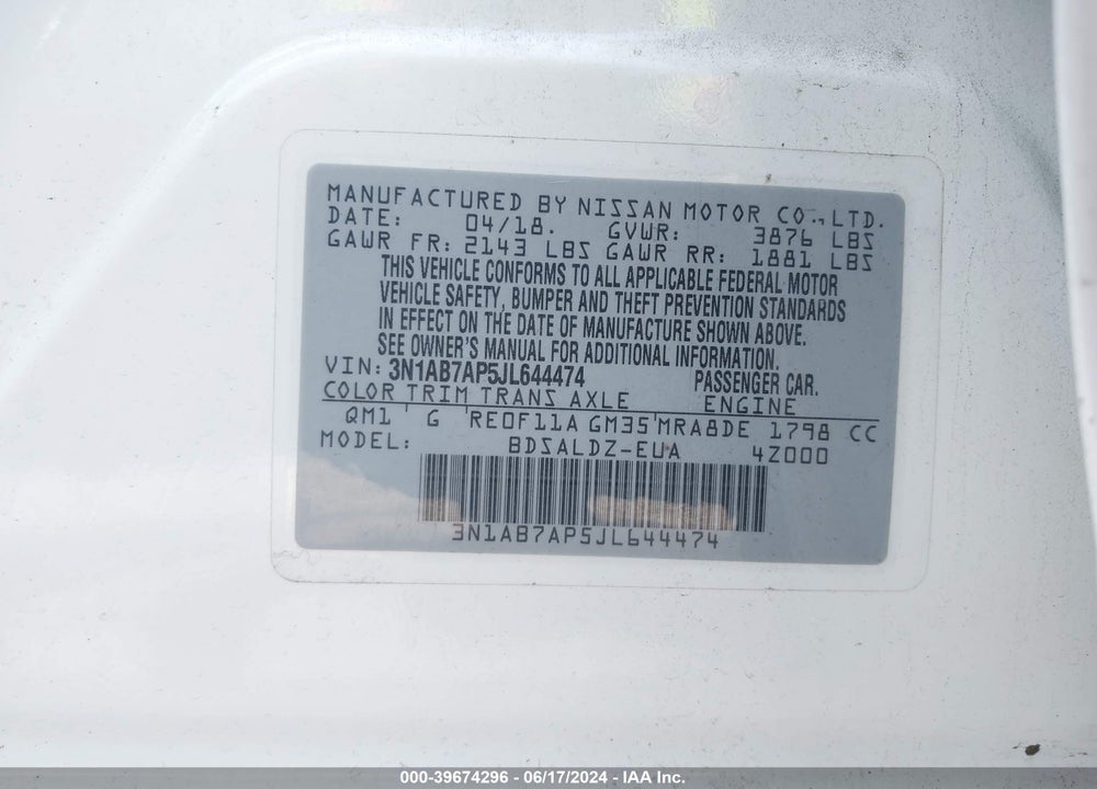 2018 NISSAN SENTRA SV VIN: 3N1AB7AP5JL644474