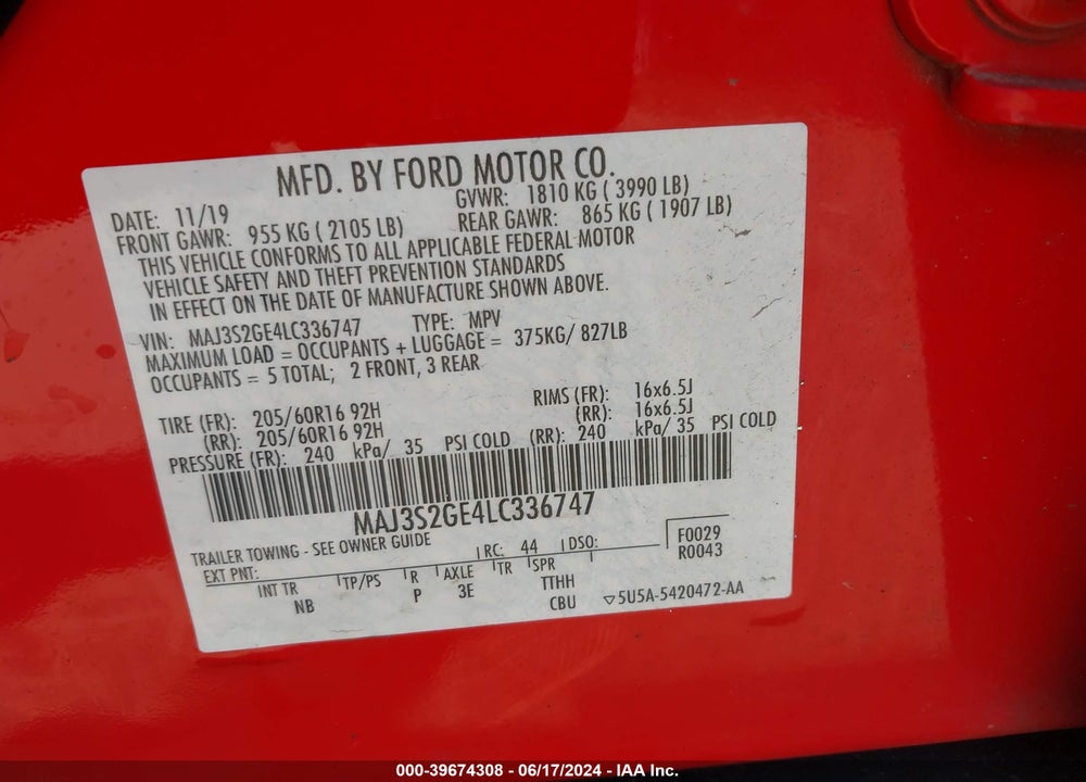 2020 FORD ECOSPORT SE VIN: MAJ3S2GE4LC336747