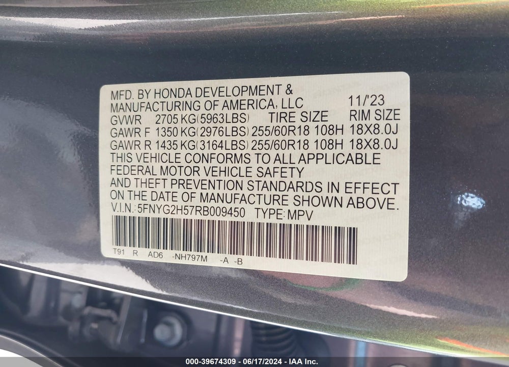2024 HONDA PILOT 2WD EX-L 7 PASSENGER VIN: 5FNYG2H57RB009450