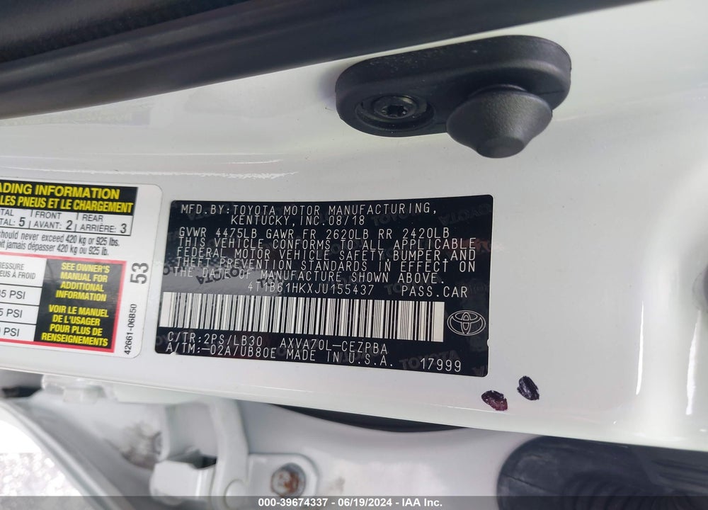 2018 TOYOTA CAMRY XSE VIN: 4T1B61HKXJU155437
