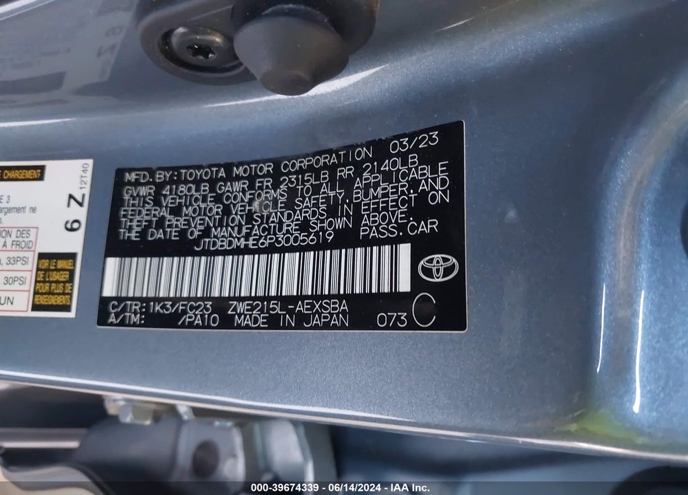 2023 TOYOTA COROLLA HYBRID SE VIN: JTDBDMHE6P3005619
