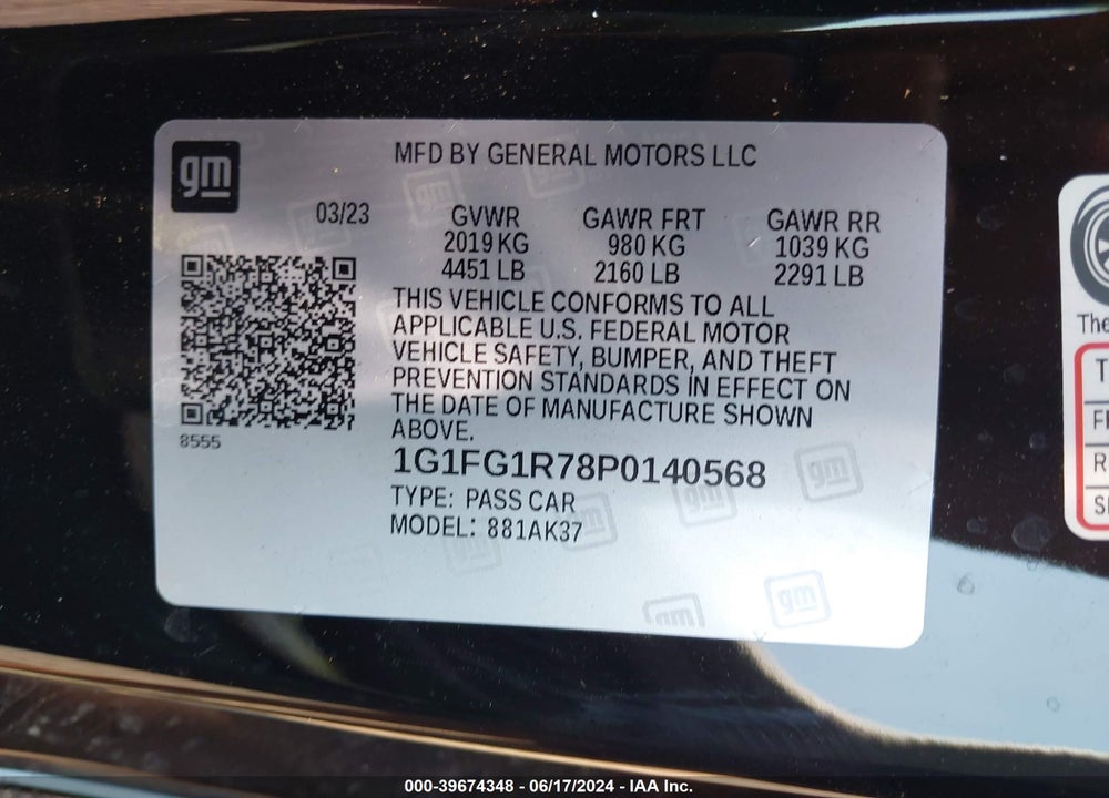 2023 CHEVROLET CAMARO VIN: 1G1FG1R78P0140568