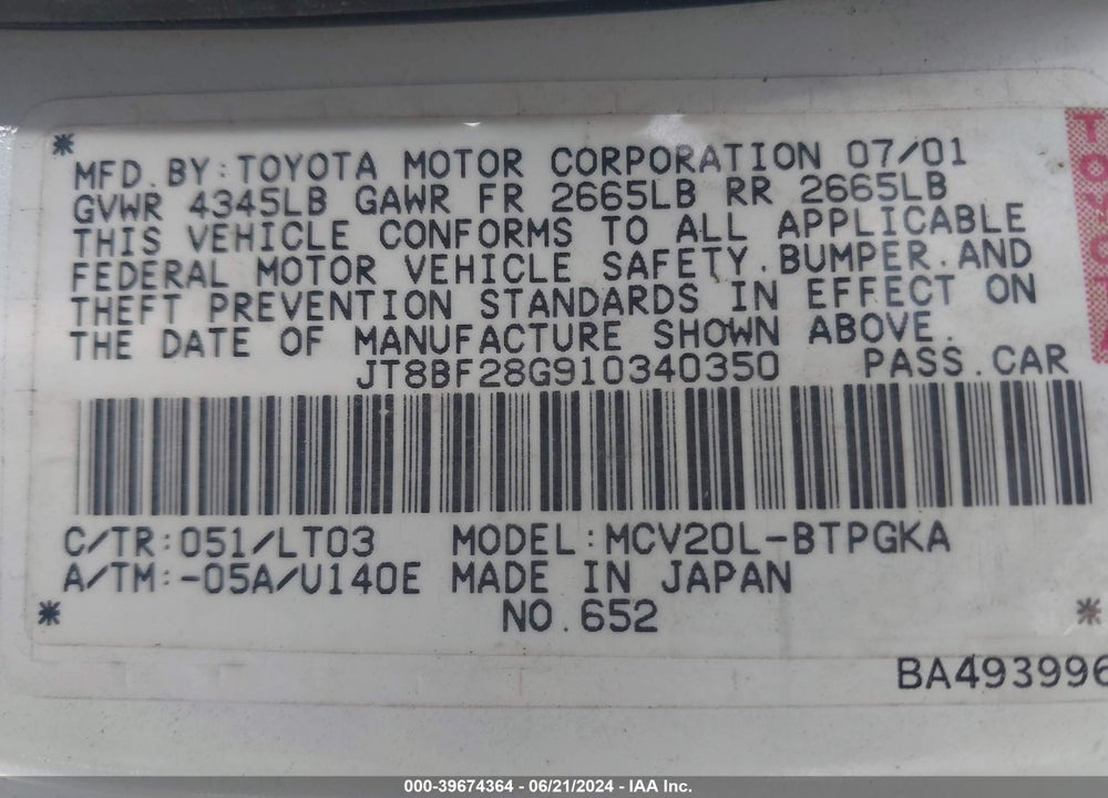 2001 LEXUS ES 300 VIN: JT8BF28G910340350
