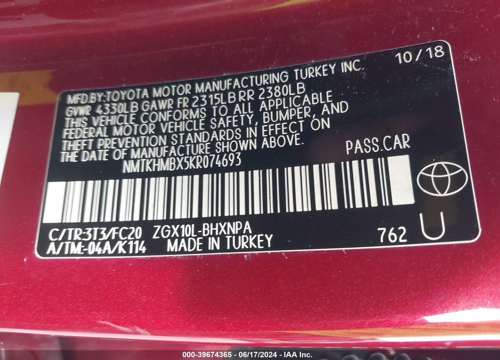 2019 TOYOTA C-HR LE VIN: NMTKHMBX5KR074693