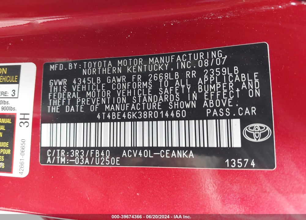 2008 TOYOTA CAMRY LE VIN: 4T4BE46K38R014460