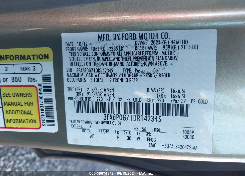 2013 FORD FUSION S VIN: 3FA6P0G71DR142345