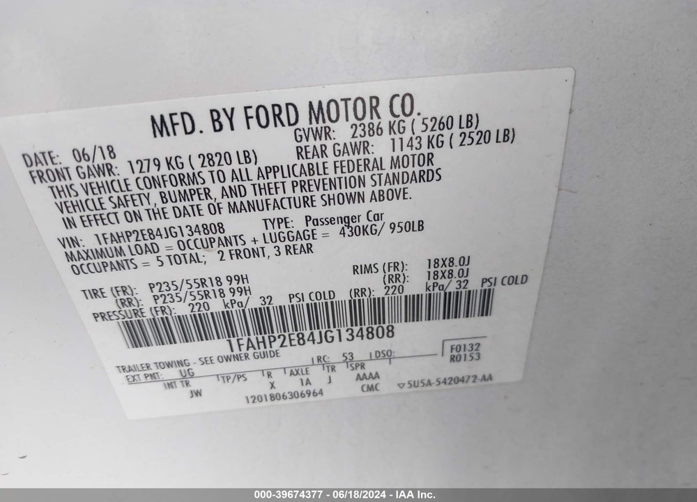 2018 FORD TAURUS SEL VIN: 1FAHP2E84JG134808