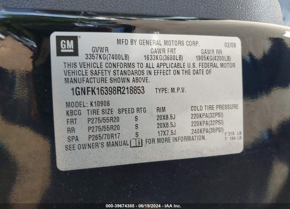 2008 CHEVROLET SUBURBAN 1500 LTZ VIN: 1GNFK16398R218853