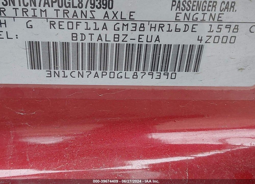 2016 NISSAN VERSA 1.6 S/1.6 S+/1.6 SL/1.6 SV VIN: 3N1CN7AP0GL879390