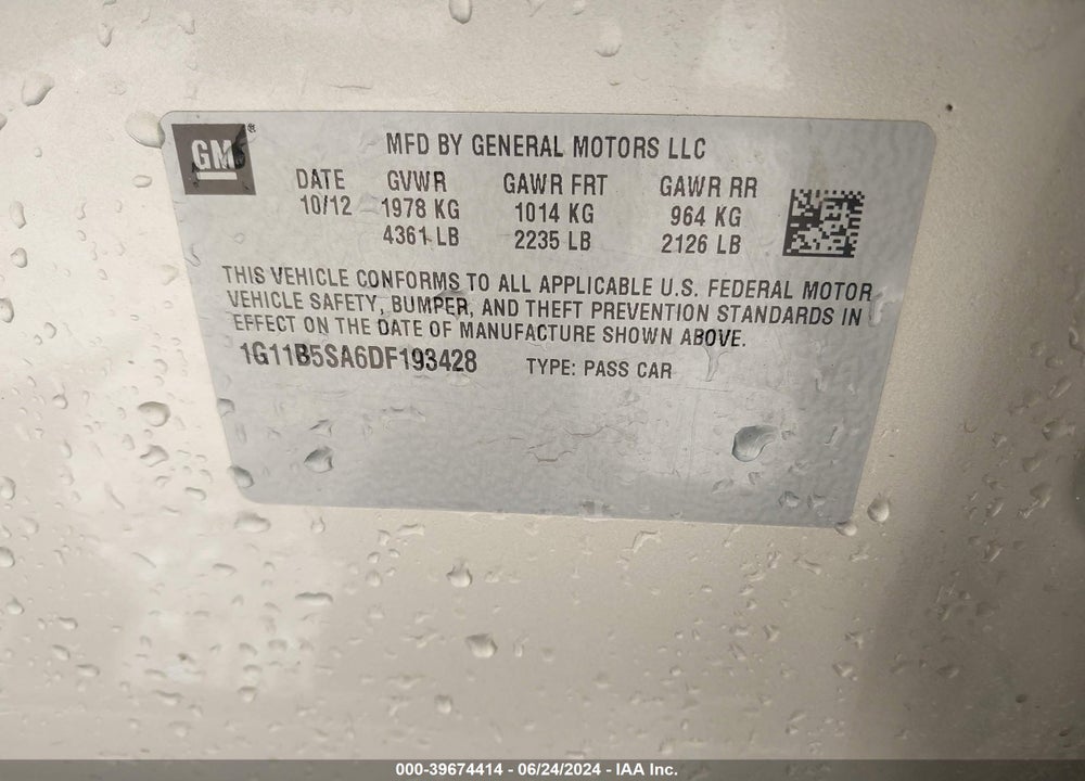 2013 CHEVROLET MALIBU 1LS VIN: 1G11B5SA6DF193428