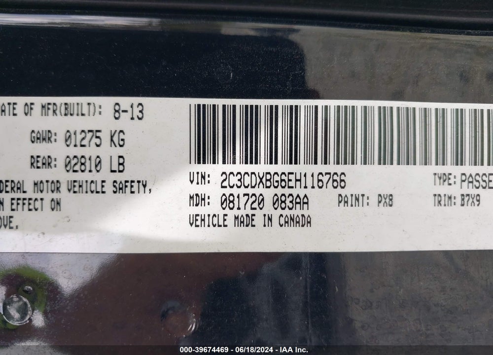 2014 DODGE CHARGER SE VIN: 2C3CDXBG6EH116766