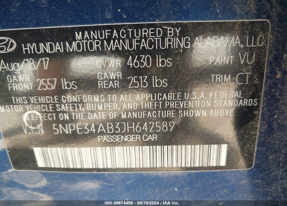 2018 HYUNDAI SONATA SPORT 2.0T VIN: 5NPE34AB3JH642589