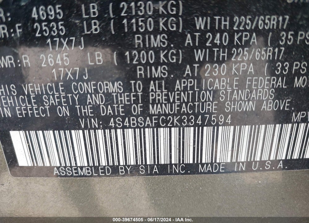 2019 SUBARU OUTBACK 2.5I PREMIUM VIN: 4S4BSAFC2K3347594