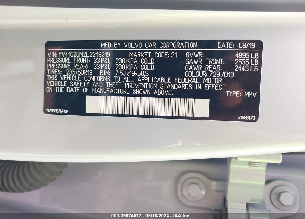 2020 VOLVO XC40 T5 R-DESIGN VIN: YV4162UM2L2219219