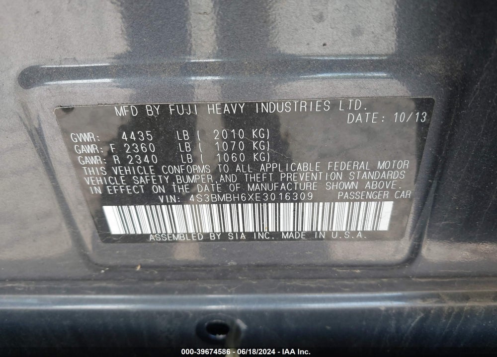 2014 SUBARU LEGACY 2.5 I SPORT VIN: 4S3BMBH6XE3016309