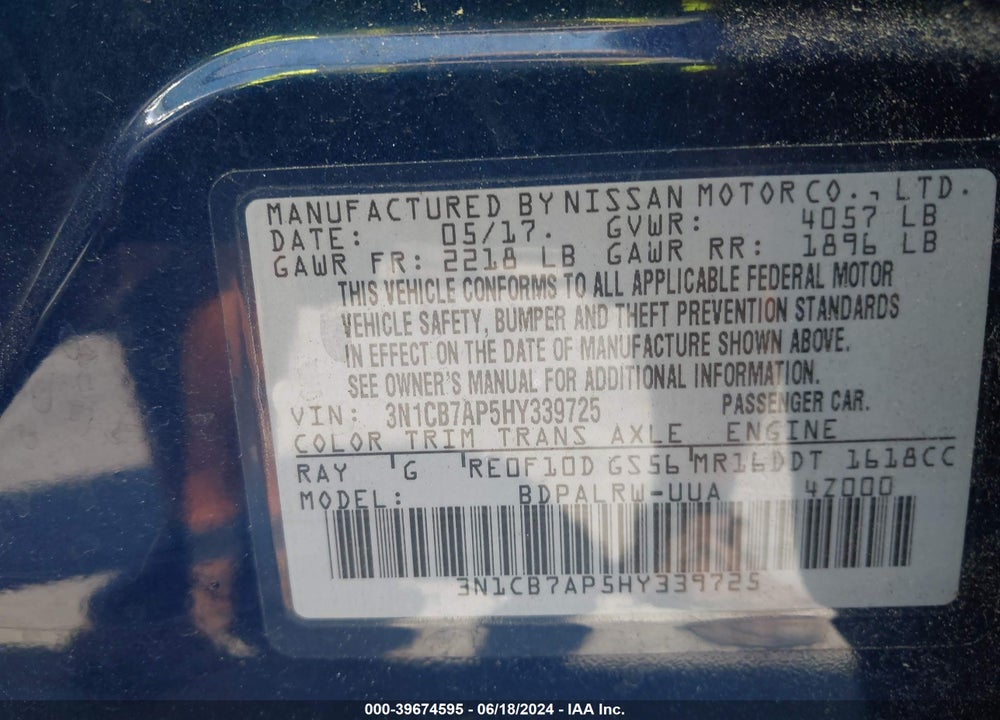 2017 NISSAN SENTRA SR TURBO VIN: 3N1CB7AP5HY339725