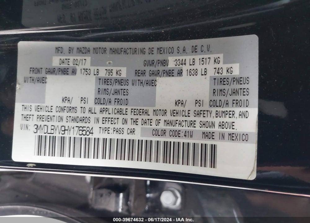 2017 TOYOTA YARIS IA VIN: 3MYDLBYV9HY176584