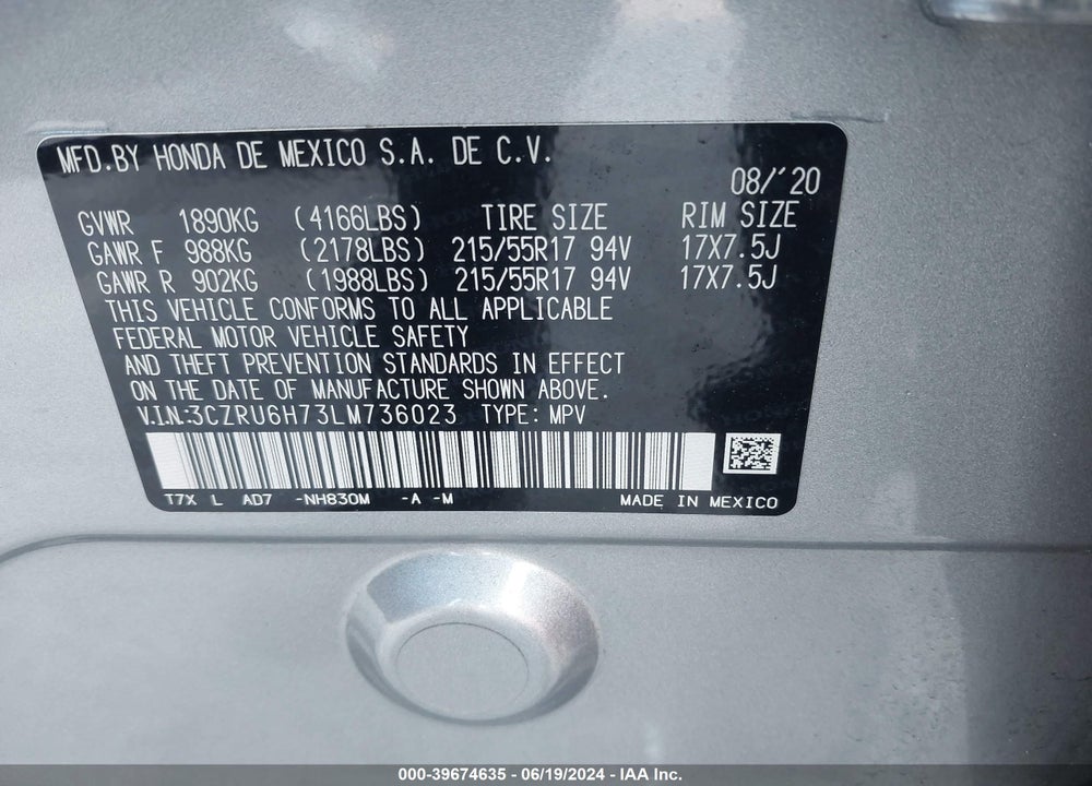 2020 HONDA HR-V AWD EX-L VIN: 3CZRU6H73LM736023