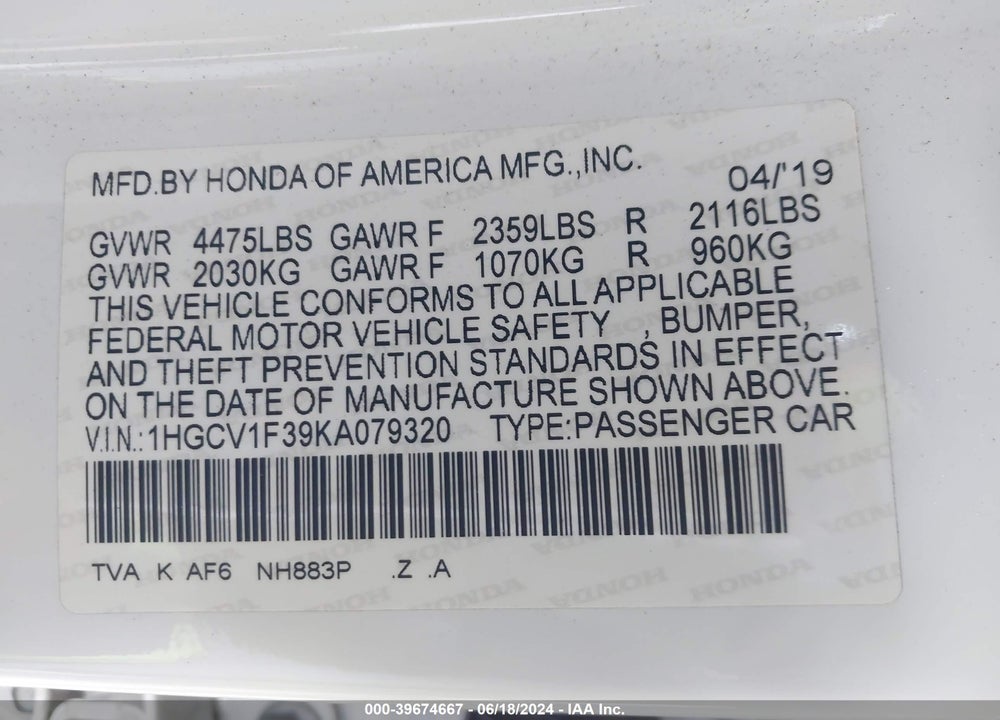 2019 HONDA ACCORD SPORT VIN: 1HGCV1F39KA079320