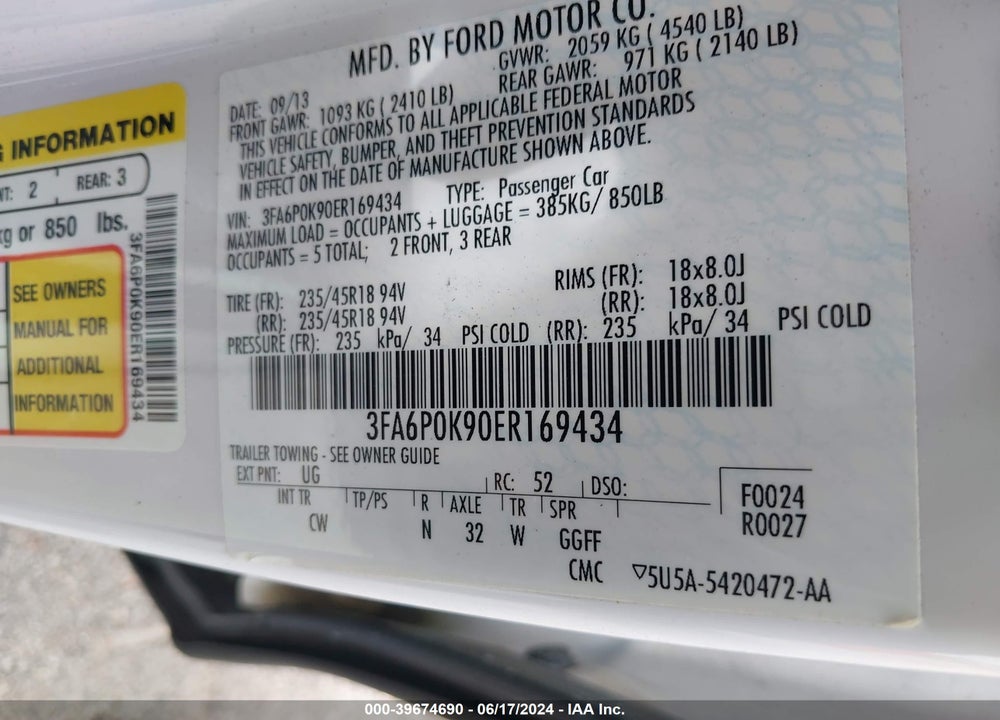 2014 FORD FUSION TITANIUM VIN: 3FA6P0K90ER169434