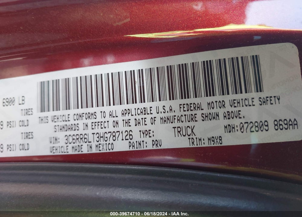 2017 RAM 1500 VIN: 3C6RR6LT3HG787126
