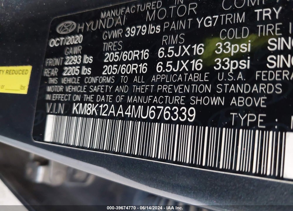2021 HYUNDAI KONA SE VIN: KM8K12AA4MU676339