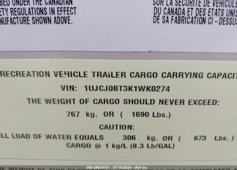 2019 JAYCO CAMPER VIN: 1UJCJ0BT3K1WK0274