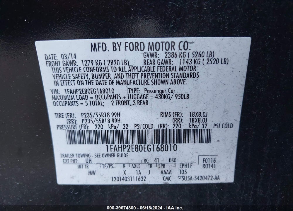 2014 FORD TAURUS SEL VIN: 1FAHP2E80EG168010