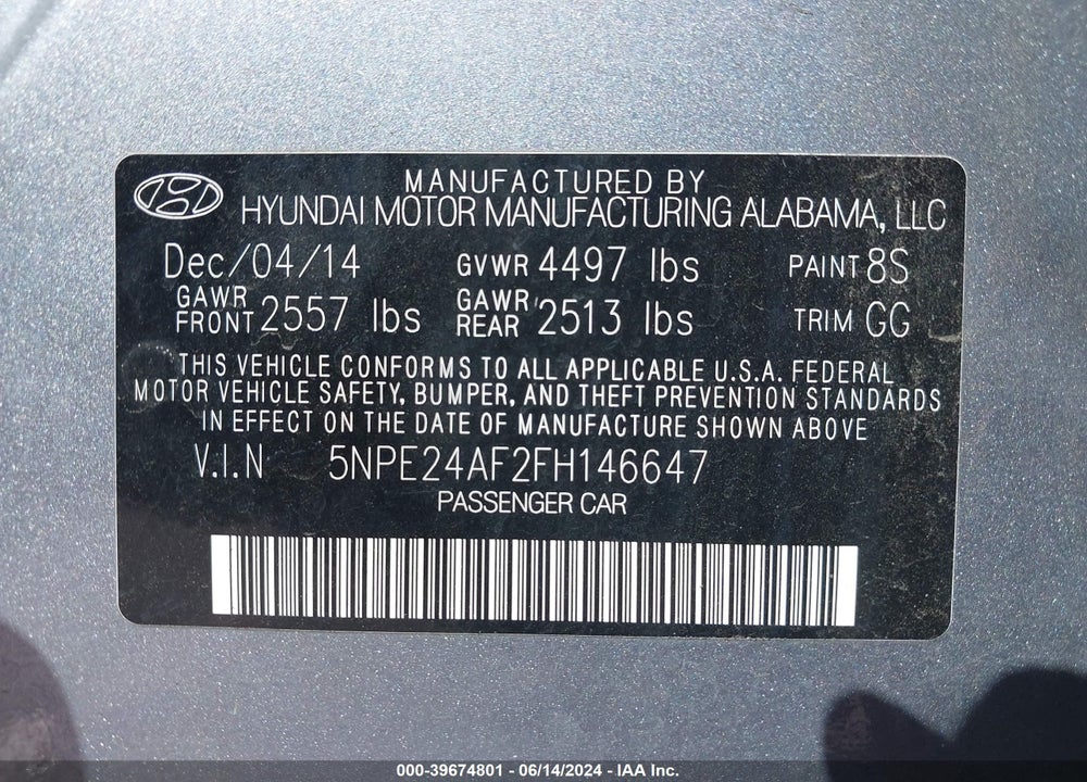 2015 HYUNDAI SONATA SE VIN: 5NPE24AF2FH146647