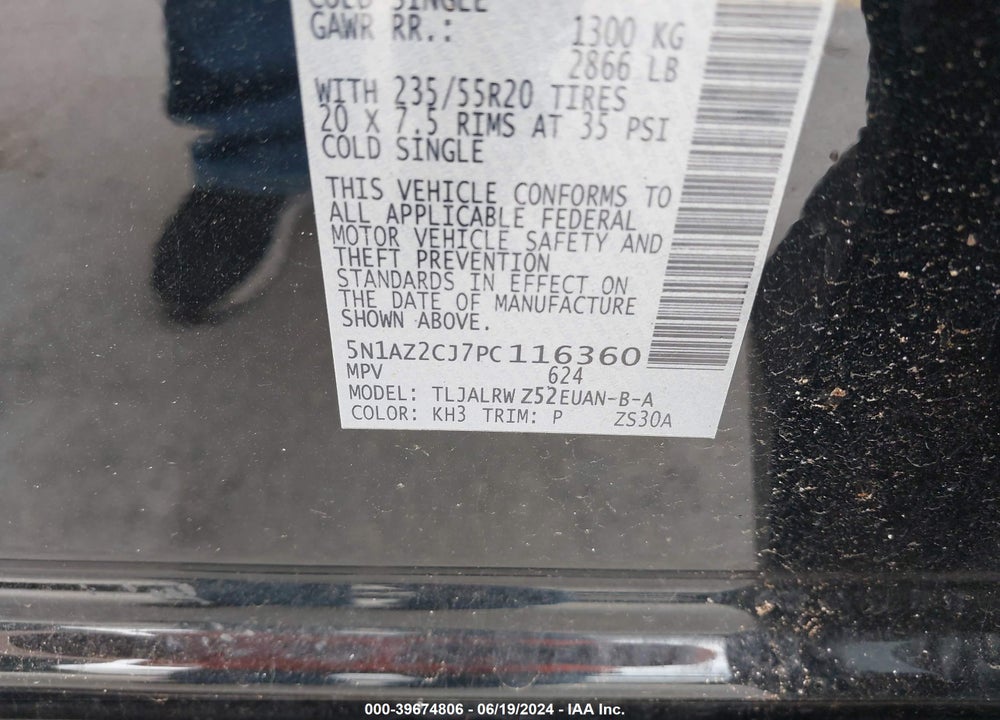 2023 NISSAN MURANO SL FWD VIN: 5N1AZ2CJ7PC116360