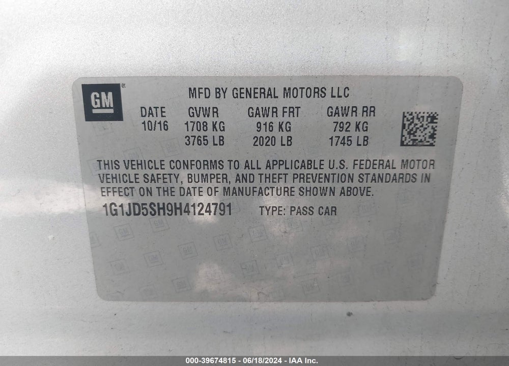 2017 CHEVROLET SONIC LT AUTO VIN: 1G1JD5SH9H4124791