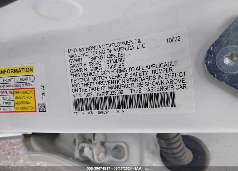 2022 HONDA CIVIC EX-L VIN: 19XFL1H7XNE022689