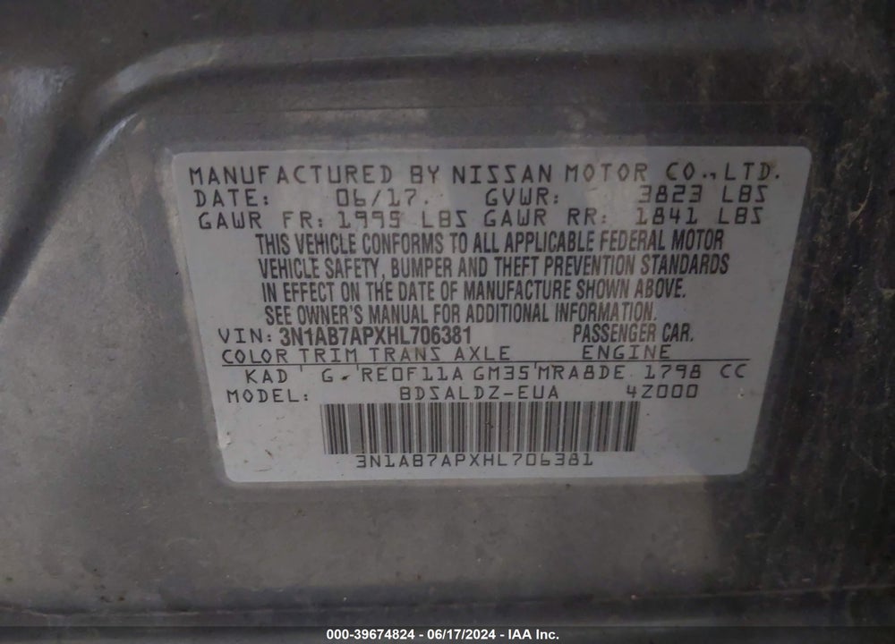 2017 NISSAN SENTRA SV VIN: 3N1AB7APXHL706381
