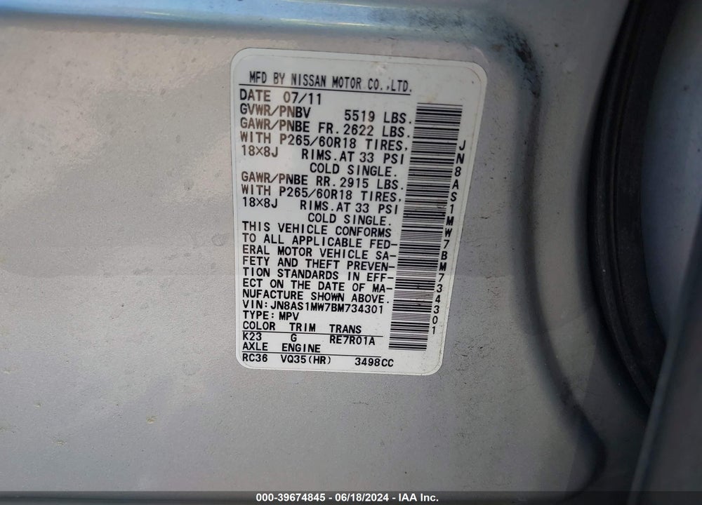 2011 INFINITI FX35 VIN: JN8AS1MW7BM734301