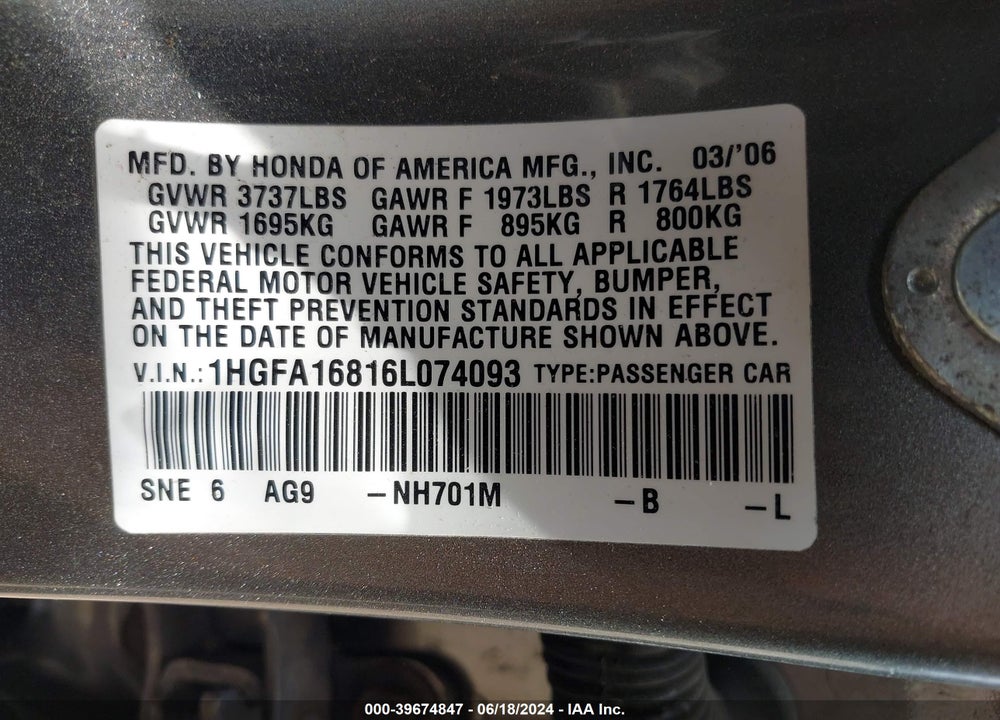 2006 HONDA CIVIC EX VIN: 1HGFA16816L074093