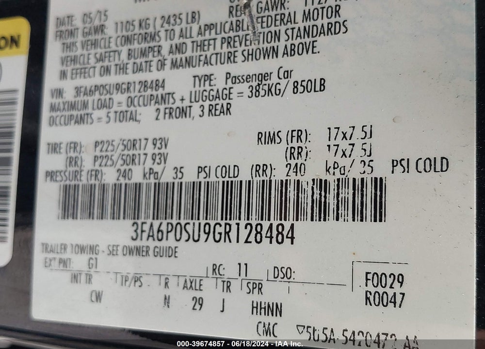 2016 FORD FUSION ENERGI TITANIUM VIN: 3FA6P0SU9GR128484