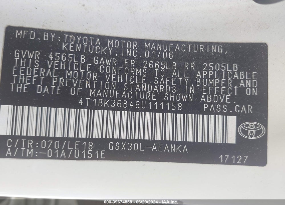 2006 TOYOTA AVALON VIN: 4T1BK36B46U111158