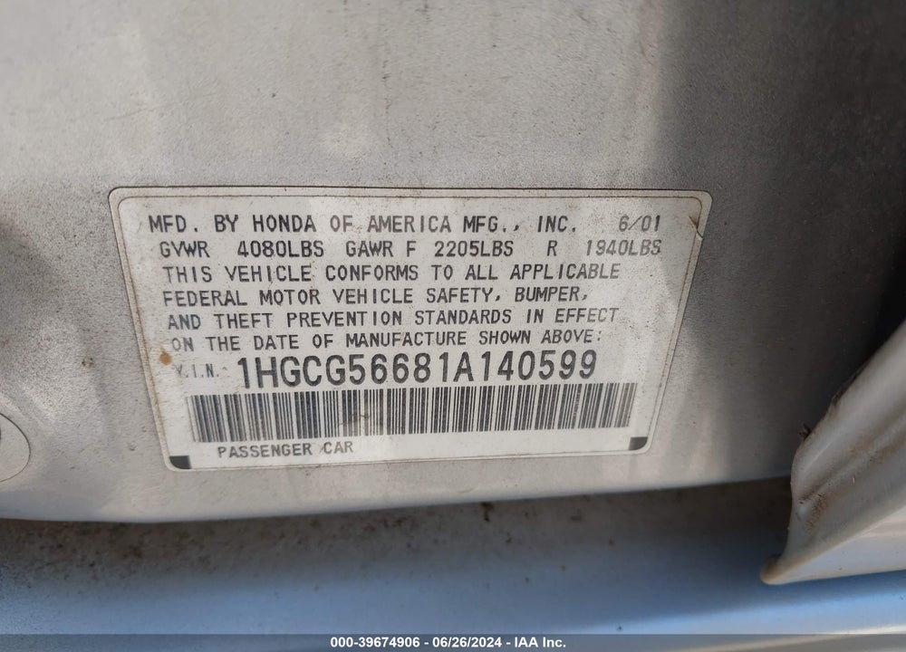 2001 HONDA ACCORD 2.3 EX VIN: 1HGCG56681A140599