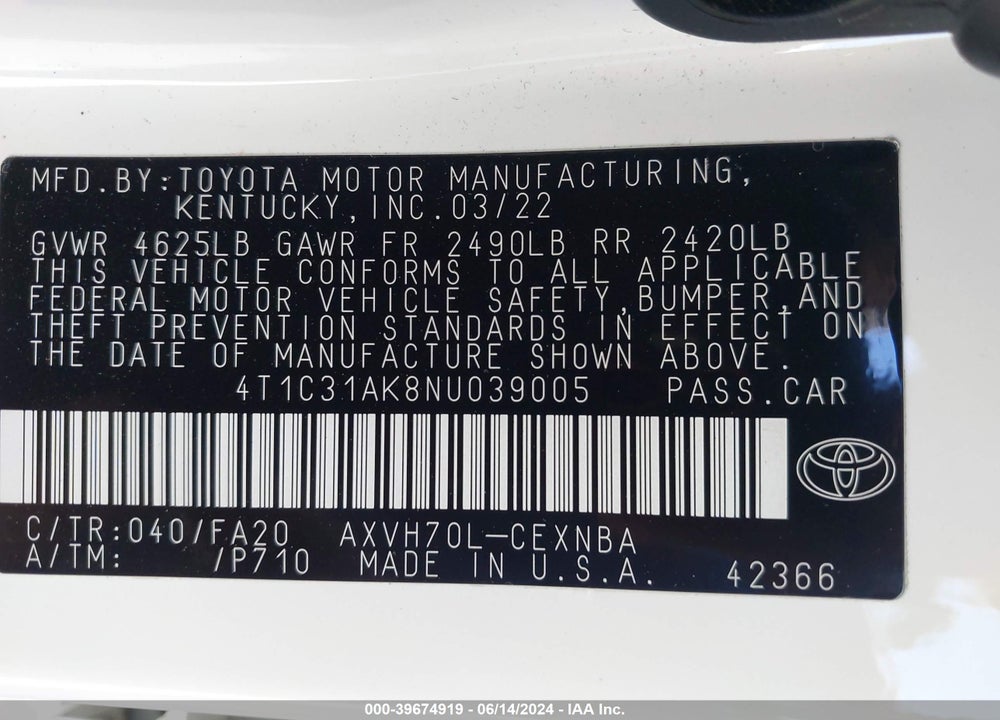 2022 TOYOTA CAMRY LE HYBRID VIN: 4T1C31AK8NU039005