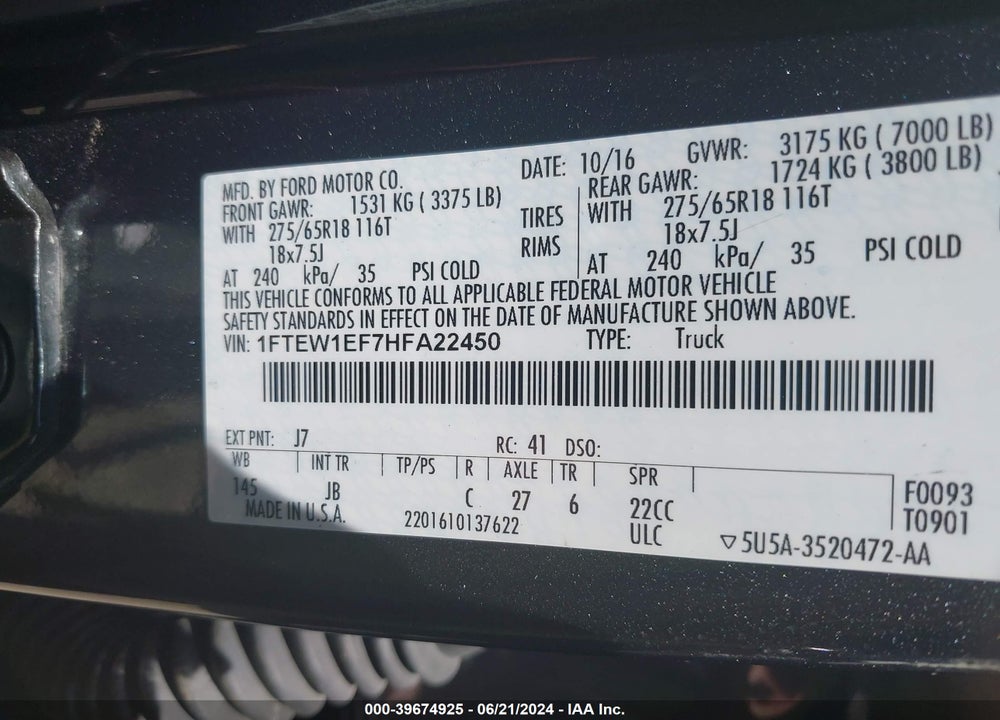 2017 FORD F-150 XLT VIN: 1FTEW1EF7HFA22450