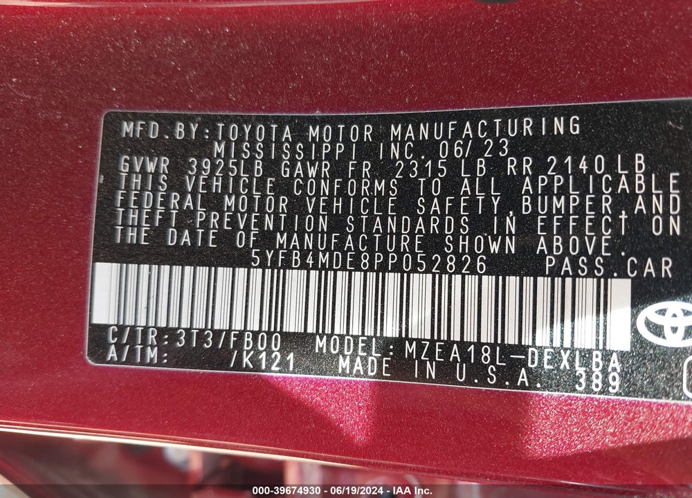 2023 TOYOTA COROLLA LE VIN: 5YFB4MDE8PP052826