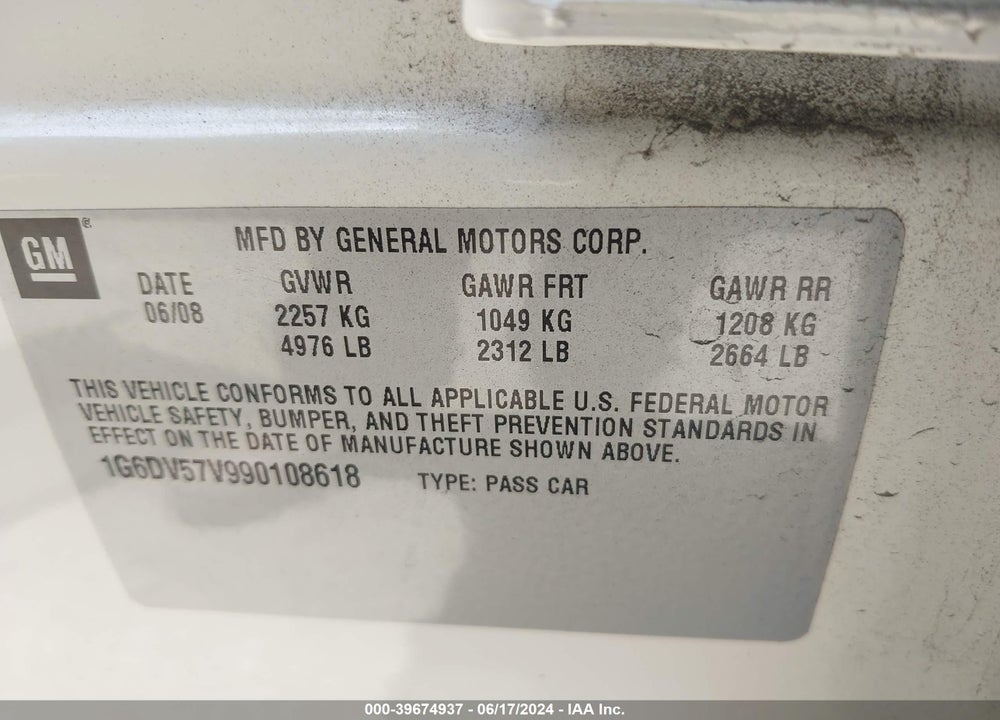 2009 CADILLAC CTS STANDARD VIN: 1G6DV57V990108618