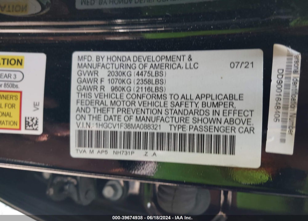 2021 HONDA ACCORD SPORT VIN: 1HGCV1F38MA088321