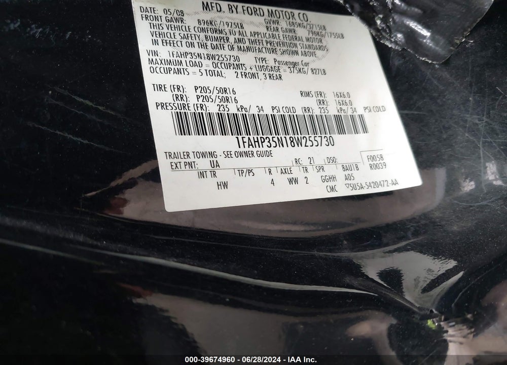 2008 FORD FOCUS SE/SES VIN: 1FAHP35N18W255730