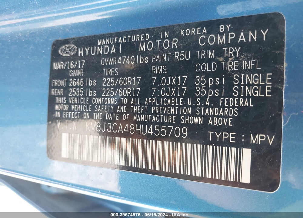2017 HYUNDAI TUCSON SE VIN: KM8J3CA48HU455709