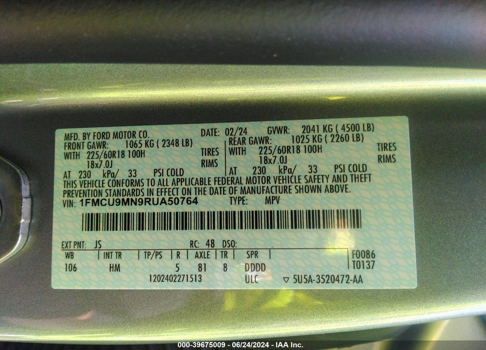 2024 FORD ESCAPE ST LINE VIN: 1FMCU9MN9RUA50764