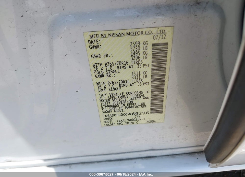 2012 NISSAN FRONTIER SV VIN: 1N6AD0ER0CC469296