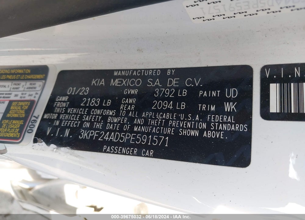 2023 KIA FORTE LX VIN: 3KPF24AD5PE591571