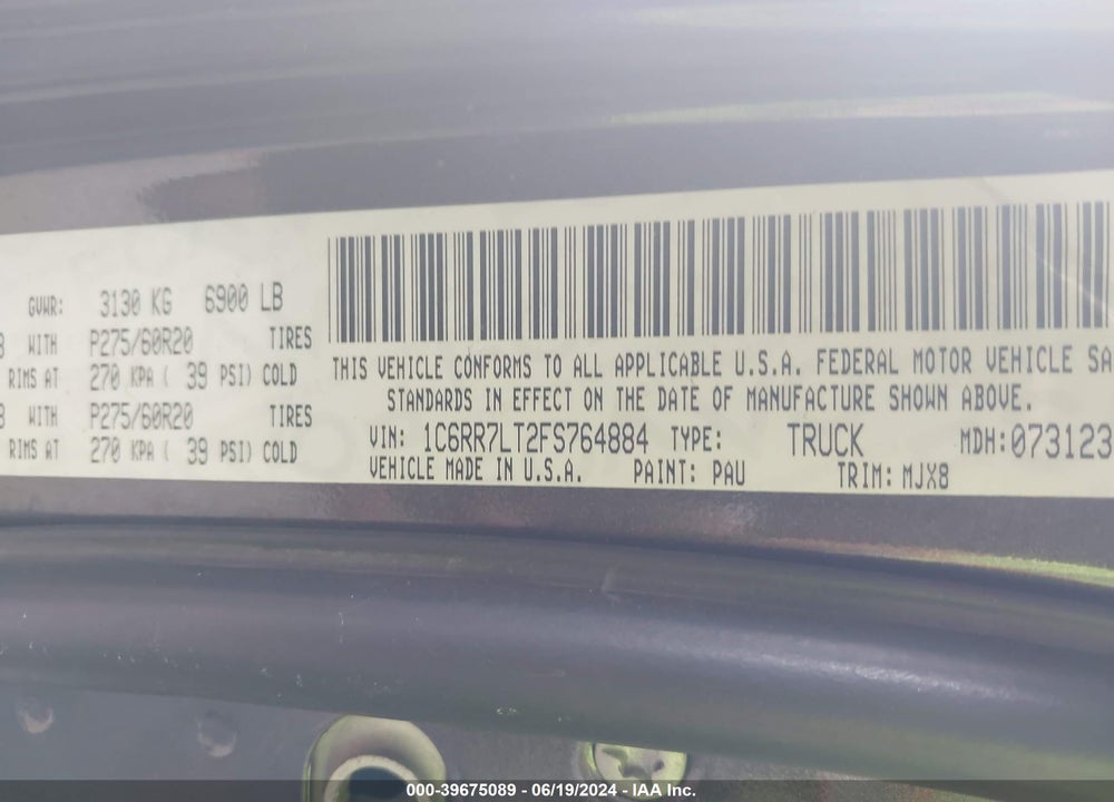 2015 RAM 1500 BIG HORN VIN: 1C6RR7LT2FS764884